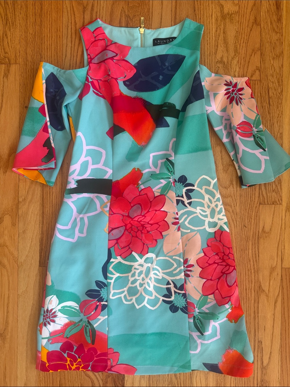 Laundry By Shelli Segal Teal Floral Cold-Shoulder Dress with Red & Pink Blooms